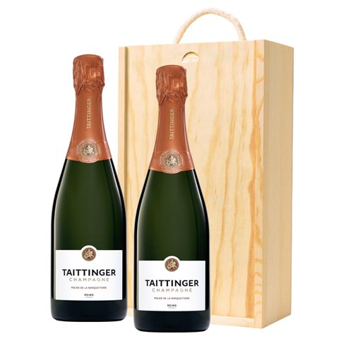 Taittinger Les Folies de la Marquetterie 75cl Double Pine Wooden Gift Boxed (2x75cl)